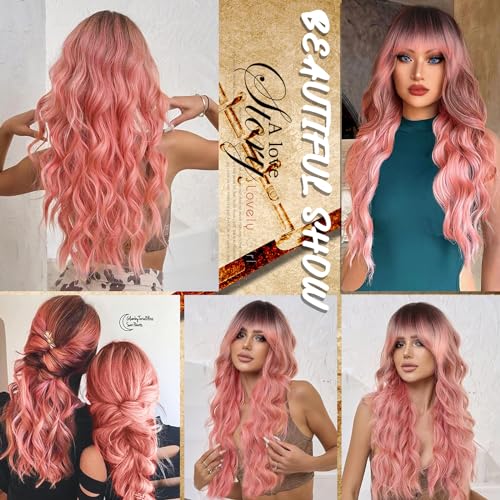 POPTAIYU Ombre Pink Wig with Bangs Long Wavy Wig With Air Bangs Silky Full Heat Resistant Synthetic Hair Pink, Hair Replacement Natural Looking Wigs for Christmas/Cosplay/Party 26 Inches(Ombre Pink)