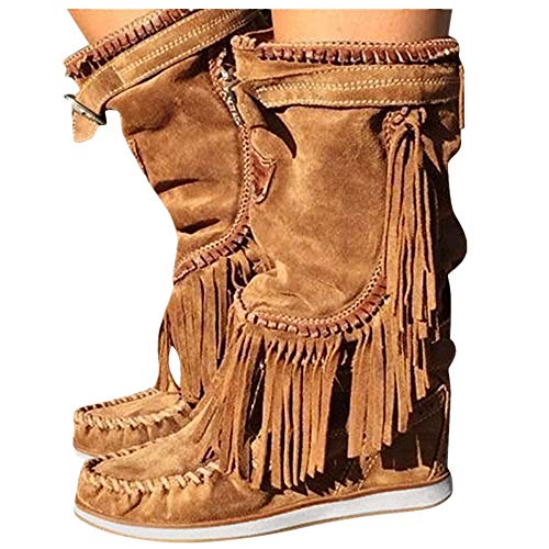 Women's Flat Bottom Midi Calf Boots Retro Fringe Increased Lace Up Boots Ethnic Vintage Comfy Leather Outdoor Shoes Brown