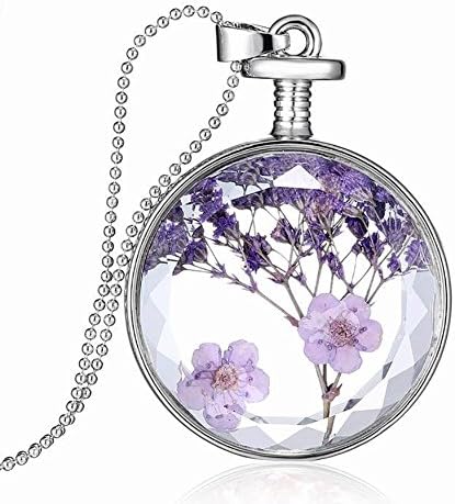 Limin Dried Flowers Necklace, Built In Plant Specimen Lavender Round Dried Flowers Pendant Phase Box Crystal Transparent Glass Necklace Real Flower Embossing Clavicular Chain Jewelry Women