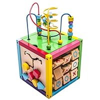 MMP Living 6-in-1 Play Cube Activity Center - Wood, 8" - 6 Sided Including Counting, Gears, Abacus, tic tac Toe, Block Track and 3 Different Bead Play Options