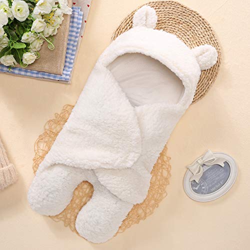 Baby Receiving Blanket, Hooded Cotton Plush Swaddle Blanket, Newborn Cute Sleeping Bag Sack Unisex Stroller Wrap for Baby Boys and Girls (White)