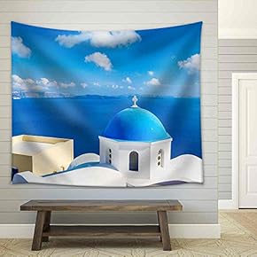 Santorini Island, Greece, Beautiful View of Blue Ocean and Traditional Dome Church Architecture - Fabric Wall Tapestry Home Decor - 51x60 inches