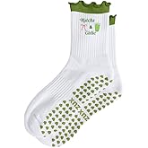 Puedizux Women Cute Pilates Socks Grip Crew Yoga Socks Ruffle Cuff Embroidery Pattern Workout Ballet Socks