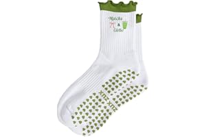 Puedizux Women Cute Pilates Socks Grip Crew Yoga Socks Ruffle Cuff Embroidery Pattern Workout Ballet Socks