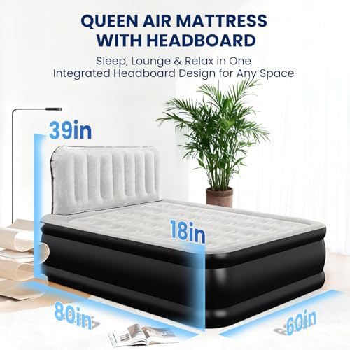 Queen Air Mattress with Headboard, Built-in Pump, 800 lbs Heavy-Duty Support, 19" Raised Upgraded Comfort, 48-Hour Leak-Tested, 3.5 Min Inflatable Portable Blow Up Mattress for Home, Guest & Camping
