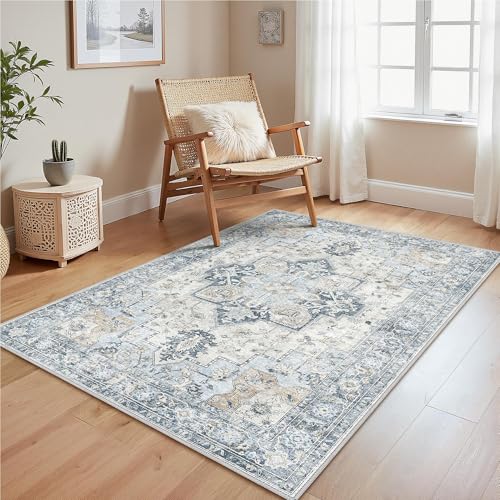GENIMO Vintage Boho Teppich Blau, Waschbar fürs Wohnzimmer, 120x170 cm