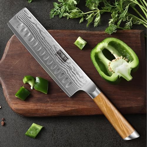 Cuchillo Nakiri Damasco 16,5 cm, Japones Cuchillo para Verduras, Profesional Cuchillo de Cocinero de 67 Capas de Acero Damasco con Mango de Madera de Olivo