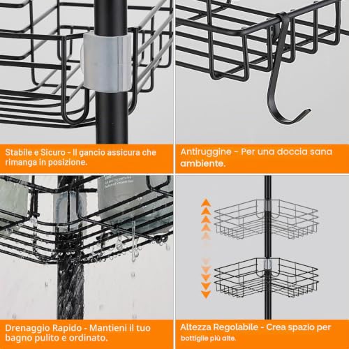 PORUGE Telescopic Corner Shower Shelf, Adjustable Shower Caddy Without Drilling, Metal Shower Shelf with 4 Shelves for Bathtub, 78-320 cm, Black