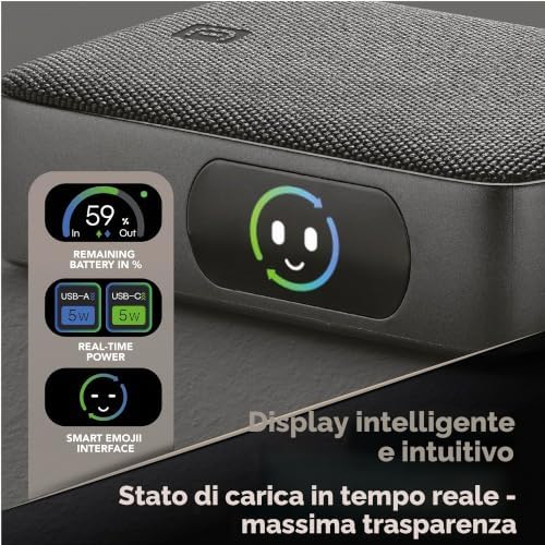 power bank Powerview IQ capacità 10.000 mAh con display TFT intelligente, porta USB-C (input 30 W/output 45 W) e porta USB-A 18 W, ricarica simultanea, finitura tessuto grigio