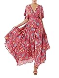 R.Vivimos Women Summer Print Deep V Neck Cotton Beach Long Dresses Medium Red
