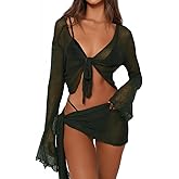 Women's 2 Pieces Outfits Mesh Perspective Suit Swimming Beach Long Sleeve Crop Top and Mini Skirt Set