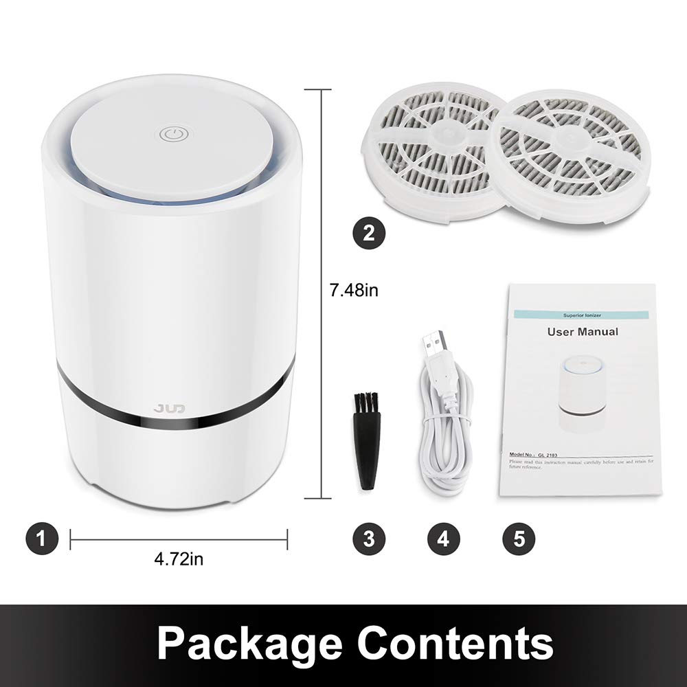 JUD Desktop Air Purifier with 2 True HEPA Filter, Portable Quiet Mini Odor Allergies Eliminator for Small Areas Rooms and Office,Smokers,Smoke,Dust,Mold,Pets, Air Cleaner with Blue Night Light