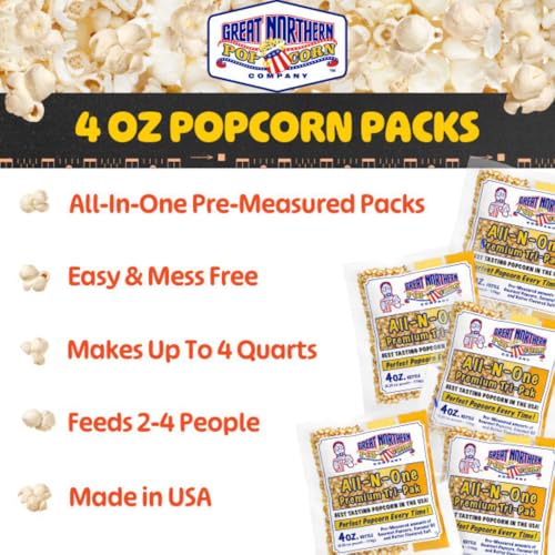 4OZ POPCORN MACHINE POPCORN PACKETS – ALL-IN-ONE MOVIE THEATER STYLE POPCORN KERNELS, SALT, AND OIL PACKS BY GREAT NORTHERN POPCORN (24 CASE)