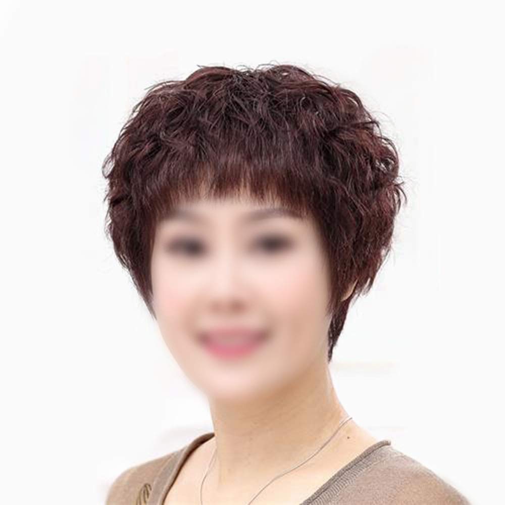 セール開催中最短即日発送 Yrattary リアルヘアショートカーリーふわふわナチュラル女性中年の母親のかつら女性の合成かつらレースのかつらロールプレイングかつら 色 Dark Brown B07scxq266