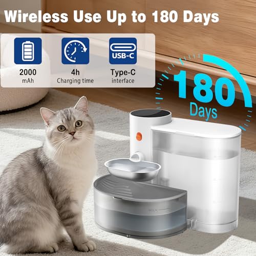 3.8L Cat Fountain without Cable: Automatic Cat Drinker Without Filter and Wireless with Battery 2000mAh Used Water Separation System Stainless Steel Bowl White