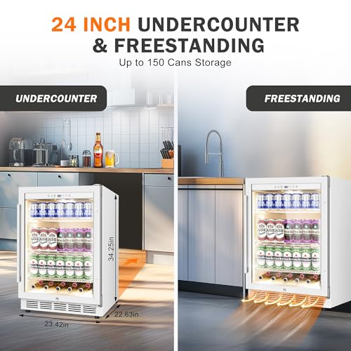 24 Inch Beverage Refrigerator, 150 Cans Wide Beverage Cooler and Beer Fridge with Glass Door and Powerful Cooling Compressor, Built-in/Freestanding Drink Fridge for Kitchen, Bar or Office,White
