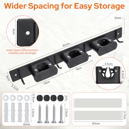 Alyvisun Broom and Mop Hanger 3 Slots and 4 Hooks, Broom Holder Wall, Broom Holder Wall for Bathroom, Home, Garage and Garden Brushes – Black
