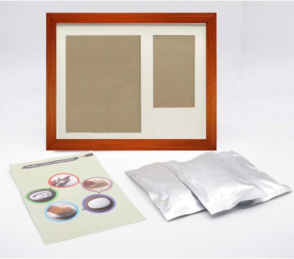 Baby Handprint Footprint Casting Photo Frame Kit Including 3 pc White Clay and Brown Frame