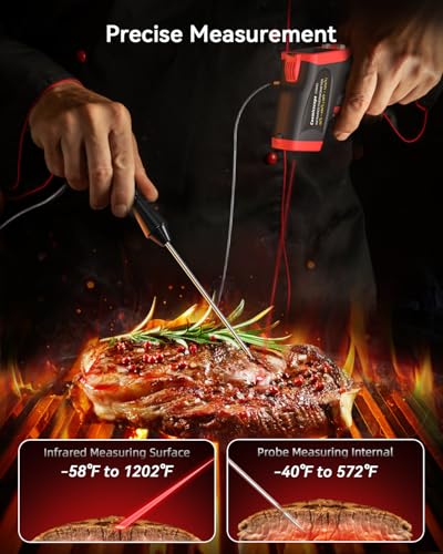 Infrared Thermometer Temperature Gun with Probe -58℉ to 1202℉, Digital Heat Surface Temp Humidity Gun, Non-Contact Laser Thermal Gun for Cooking Food, Barbecue Meat, Pizza Oven, Griddle (CM650)