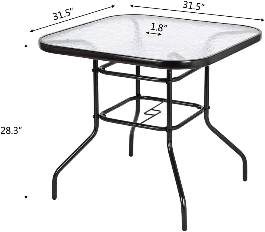 VINGLI Outdoor Dining Table, 32" Square Patio Bistro Tempered Glass Table Top with Umbrella Hole, Outside Banquet Furniture for Garden Pool Side Deck Lawn: Kitchen & Dining