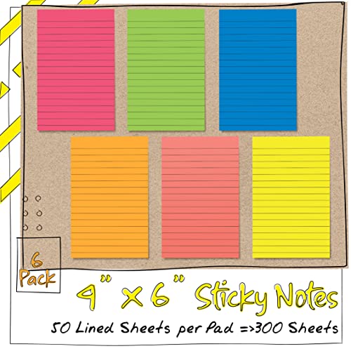 Lined Sticky Notes, 4 x 6, 6 Pack, 300 Sheets (50/Pad), Self Stick