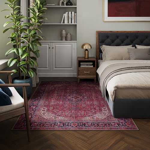 artyrugs Machine Washable Rug, 152x213cm, 75% Recycled Cotton, Short Pile, Non-Slip Backing, Non-Shedding, Suitable for Living Room, Bedroom, Kitchen, Hallway, Office, Aesthetic Crimson Red