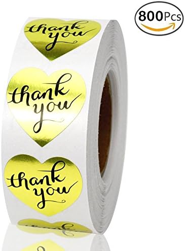 APLANET 800pcs 1.5" Gold Heart Shaped Foil Thank You Stickers Labels for Wedding, Anniversary, Gift or Birthday Thank you Envelope