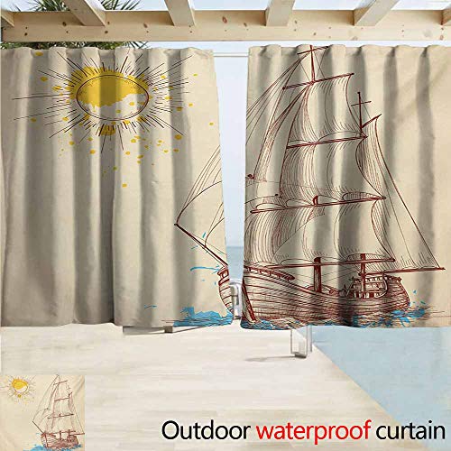 Outdoor waterproof curtains,Nautical Nautical Pattern of Sailing Boat in Windy Sea with Splashed Sun Cruising Galleon,Rod Pocket Energy Efficient Thermal Insulated,W72x63L Inches,Cream Brown - Thumbnail 5