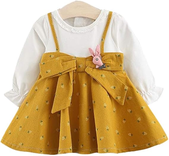 Amazon Co Jp Mornyray ベビー服 ワンピース ドレス 重ね着風 仮セット フリル 長袖 赤ちゃん コットン おしゃれ 総柄 女の子 幼児 0 3歳 Size 90 イェロー 服 ファッション小物