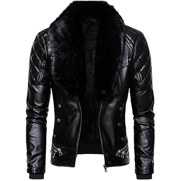 Gsywaipei Men's Detachable Fur Collar Leather Jacket Zipper
