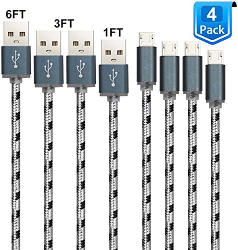 Hitobox 4 Pack Micro USB Nylon Cable for Android / Samsung / Windows / MP3 / Camera and other Device (Black in Gray) - 1 x 1 Ft + 2 x 3 Ft + 1 x 6 Ft