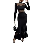 GORGLITTER Women's Mesh Bodycon Fishtail Maxi Dress Long Sleeve Mock Neck Cocktail Prom Long Dresses Elegant Classy