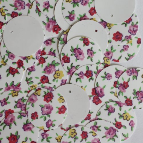 20mm Flat Round SEQUIN PAILLETTES ~ Spring Flowers Petite Fleur Floral Print on White ~ Loose sequins for embroidery, bridal, applique, arts, crafts, and embellishment. Made in USA.