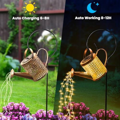 Solar Lights Outdoor Garden Watering Can, Solar Garden Light Waterproof LED Fairy String Lights, Hanging Metal Garden Ornament for Yard Lawn Pathway Patio, Gardening Birthday Gifts for Women Mum