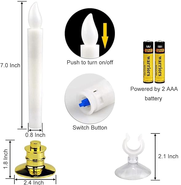 KITHOUSE 10 SET CHRISTMAS WINDOW CANDLES LIGHTS WITH TIMER BATTERY OPERATED ELECTRIC LED TAPER CANDLES FLAMELESS FOR WINDOWS, GOLD CANDLE HOLDERS, SUCTION CUPS & 20 PCS BATTERY INCLUDED (10 SET)