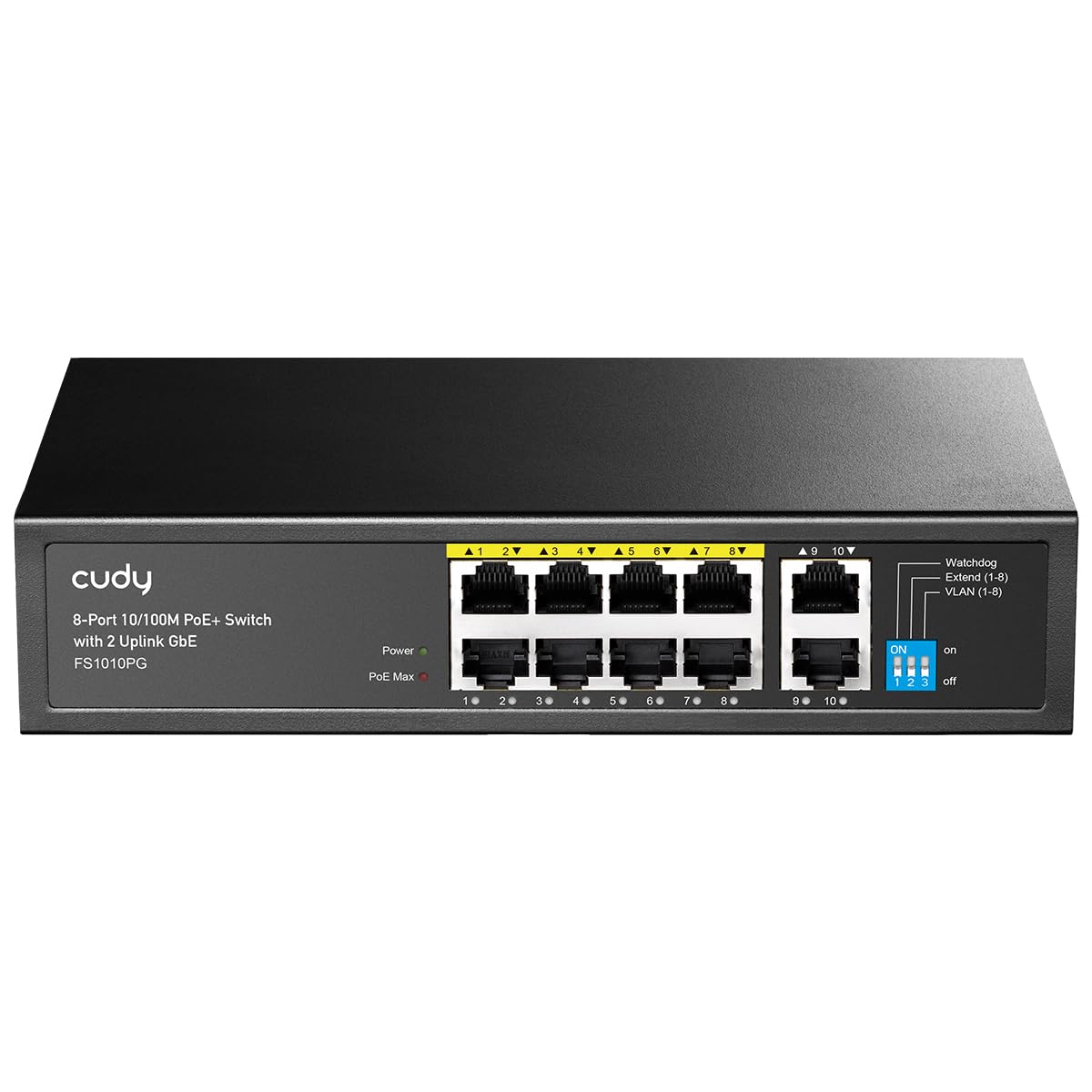 Cudy FS1010PG PoE Switch + 8 Ports with 2 Ports Gigabit Uplink 120W, 8*10/100Mbps PoE+ @ 120W, Extend/VLAN Mode, 802.3af / at Standard, No Fan, Watchdog Plug & Play
