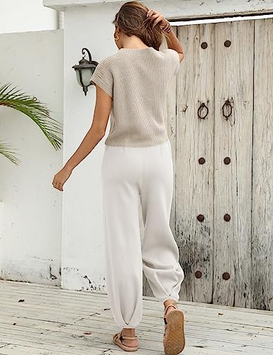 UGERLOV WOMEN’S TWO PIECE OUTFITS SWEATER SETS KNIT PULLOVER TOPS AND HIGH WAISTED PANTS LOUNGE SETS, WHITE, M