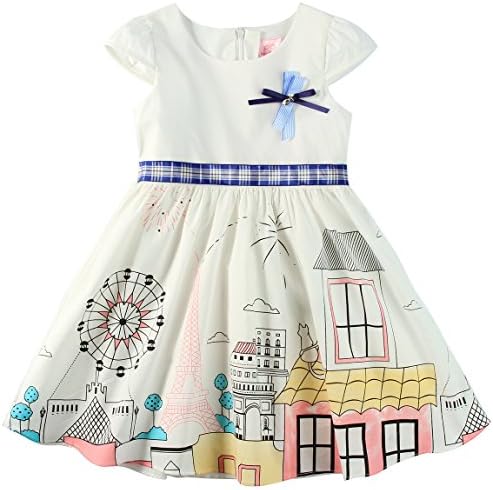 Sharequeen White Cotton Baby Girls Dresses Town Printing Cap Sleeves Dress Kids Frocks (4-5 Years, White Print)