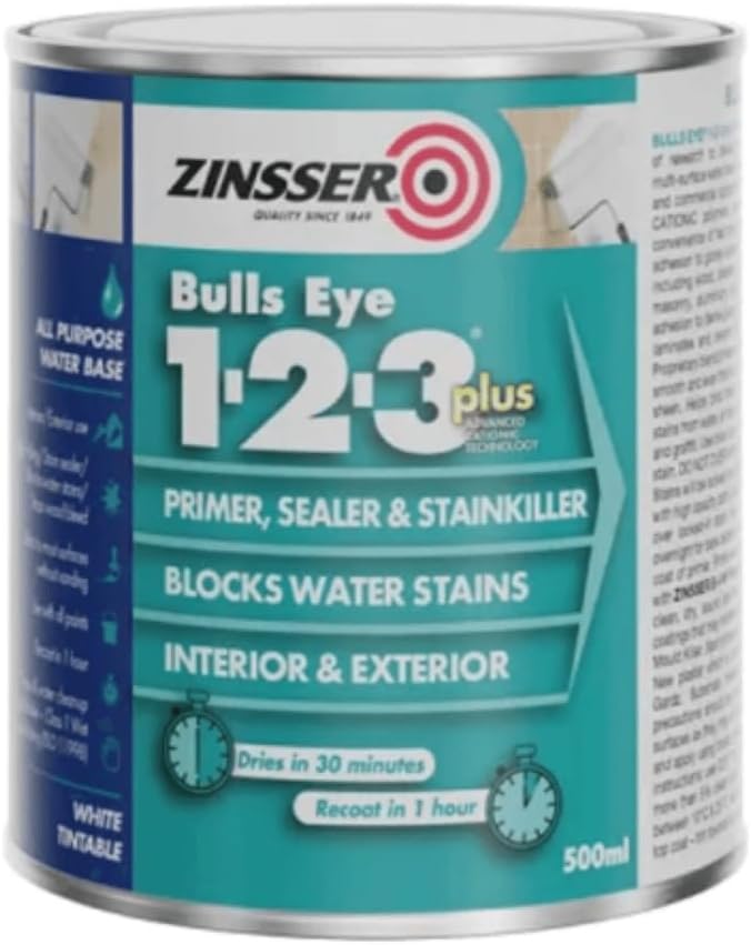 Zinsser Bulls Eye 1-2-3 Plus Primer Sealer Stain Blocker White 1 Litre