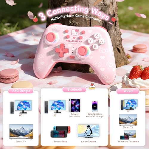 Kuitmor Hall Effect Wireless Controllers for Switch 2/1/OLED/Lite, PC, Android, iOS/2.4G Receiver + Bluetooth,1000mAh Battery, 6-Axis Gyro, Dual Vibration, RGB Breathing Li (Pink)