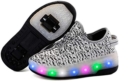 Lhwan Unisex Kids Led Flashing Wheel Roller Skate Shoes/Double Wheel Knitting Colorful Luminous Skates/Retractable Technical Skateboarding Outdoor Sport Trainers Girls Boys