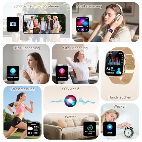2026 Neu Smartwatch Damen mit EKG+HRV/Blutdruck/Menstruationszyklus/BMI 1,97"AMOLED Gesundheitsuhr mit Telefonfunktion 24H Herzfrequenz SpO2 Körpertemperatur, Emotion/Stimmung/Schlafmonitor Fitnessuhr