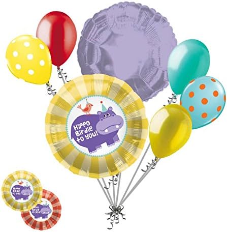 7 pc Hippo Birdie to You Happy Birthday Balloon Bouquet Decoration Hippopotamus
