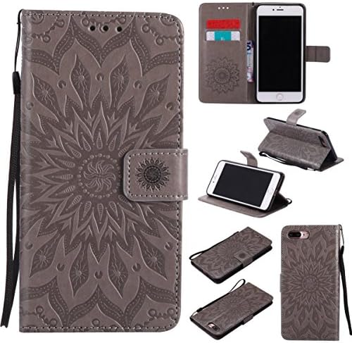 iPhone 7 Plus Case,Pu Leather Shock Proof Inner Bumper Cover Lightweight Kickstand Case with Magnetic Card Holder and Strap Birthday Xmas Gift for Boy Girl for Apple iPhone 7 Plus -Sunflower Gray