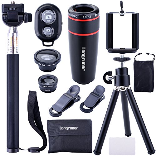 Longruner 10 in 1 Mini Camera Lens Kit 8 x Telephoto Lens + Fish Eye Lens + Wide Angle + Macro Lens Selfie Stick Monopod + Bluetooth Remote Control + Mini Tripod with a 6 Slots Case LA02