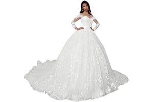 PSEADUJCN Lace Wedding Dresses for Bride Long Sleeve Tulle A Line Bridal Gown with Train HS006