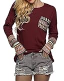 POGTMM Women Long Sleeve O-Neck Patchwork Casual Loose T-shirt Blouse Tops