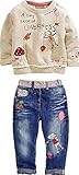 Little Girl's Long Sleeve Cartoon Pullover Shirt and Jeans Pants Outfit Set
