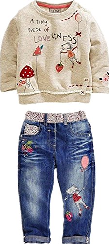 Little Girl's Long Sleeve Cartoon Pullover Shirt and Jeans Pants Outfit Set, Apricot, 3T