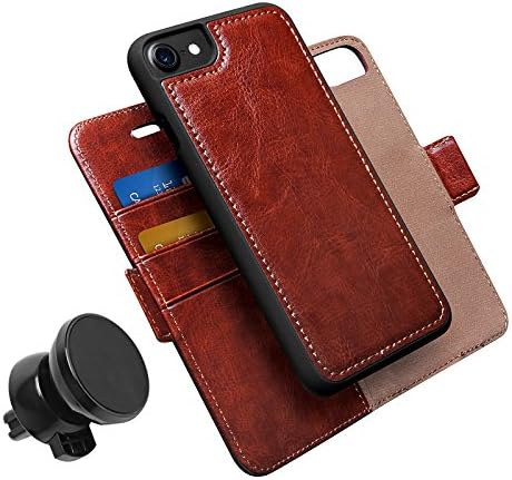 Luxitude Vegan Leather Phone Case Wallet - Compatible with iPhone 7, w/Detachable Slim Fit Case, w/Dual Mode Kickstand & Car Mount, Brown